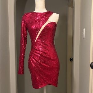 Glamorous One-Shoulder Sequin Mini Dress in Sparkling Fuchsia